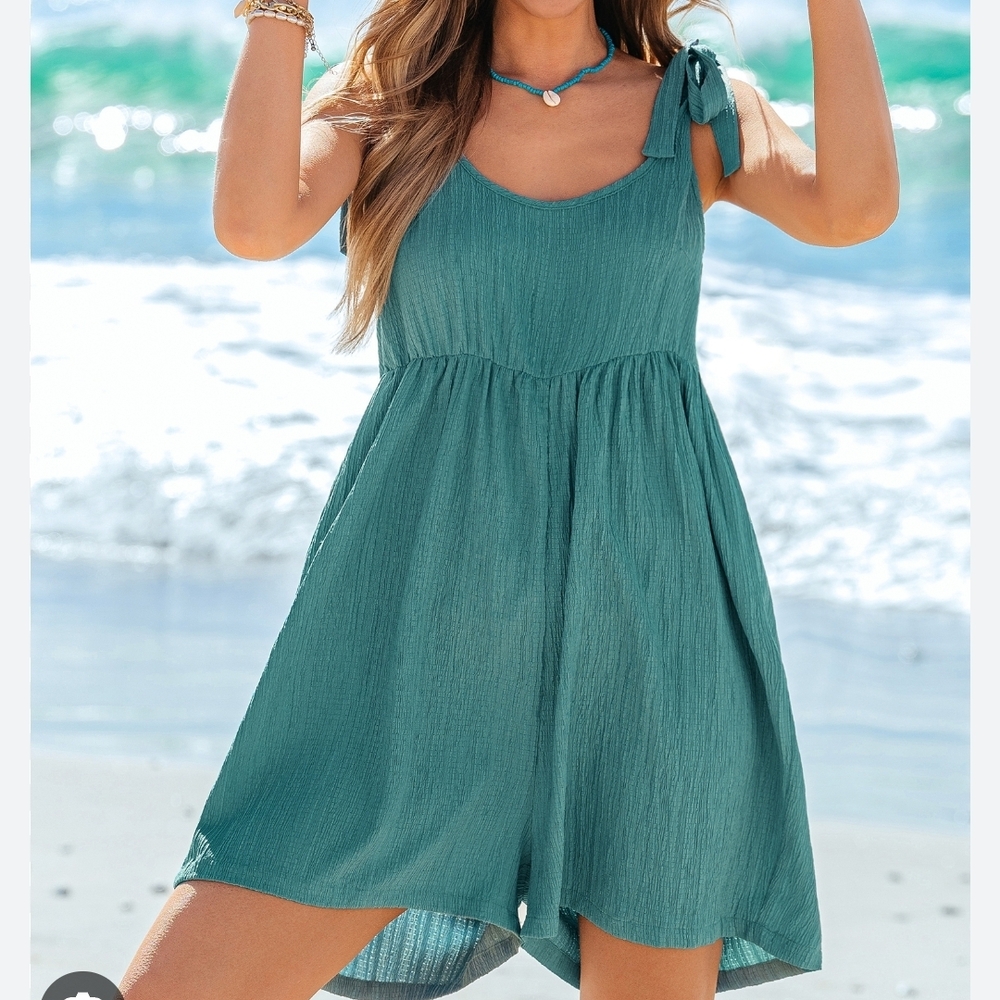 Cupshe Tie-Shoulder Teal Mini Sunday Stroll Relaxed Fit Romper Sz M Beach Resort